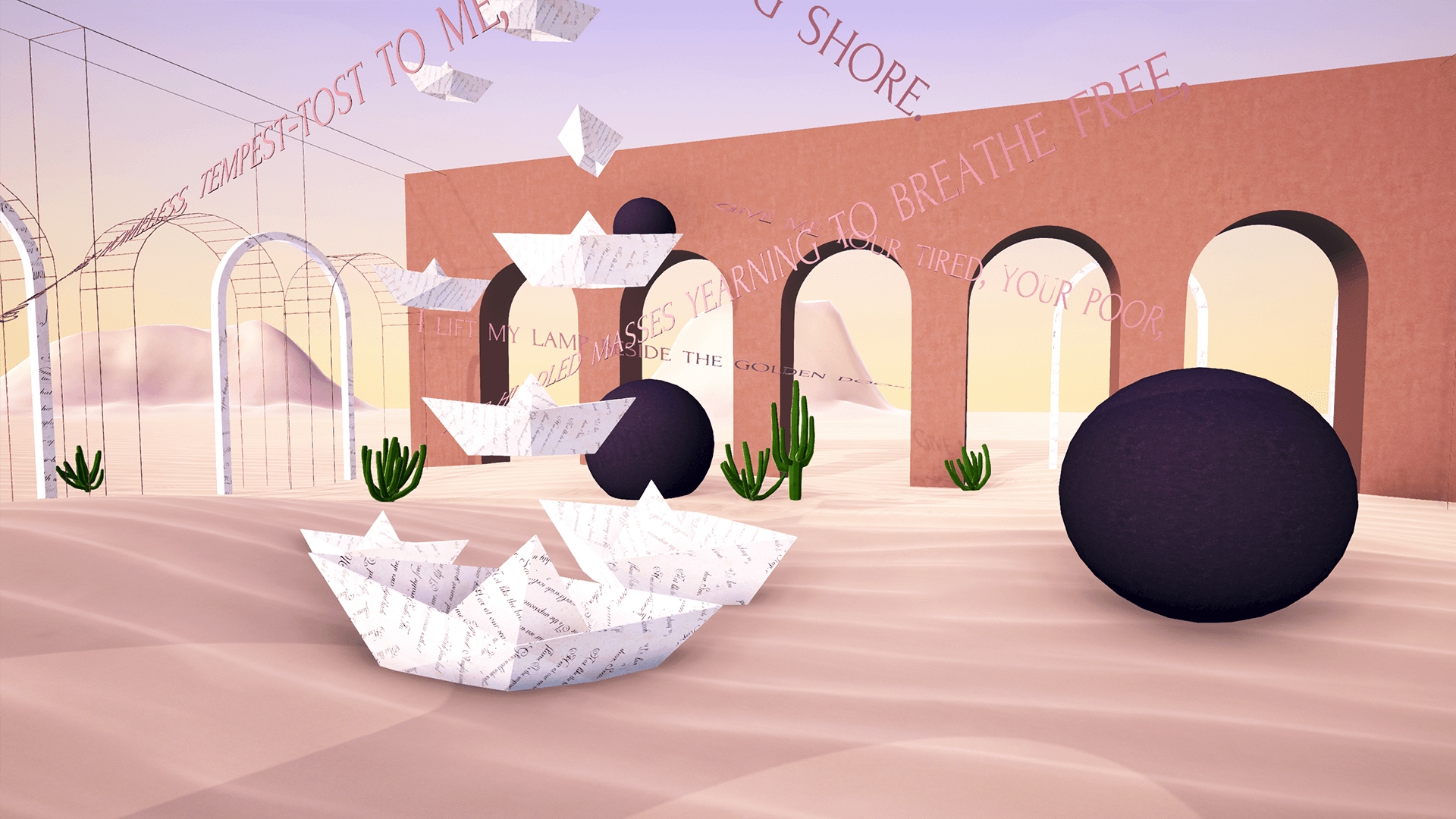 An Extended Reality (XR) immersive experience into a digital typography experimentation of the geometry of the lights and shadows. It depicts the journey of undocumented immigrants in a poetic spatiotemporal typographic landscape built on the words of the poem The New Colossus by American Poet Emma Lazarus.