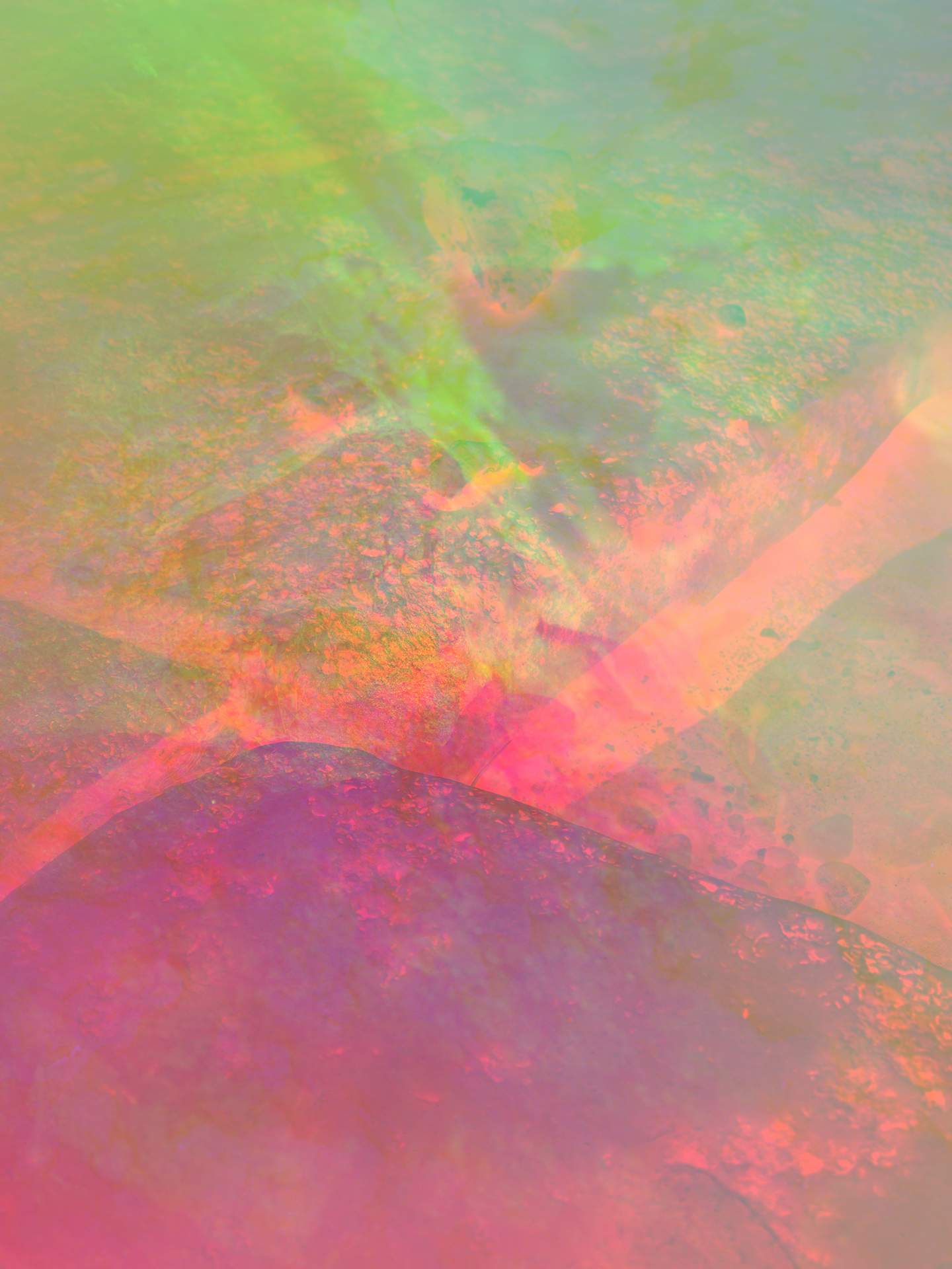 A collage of photographs in an array of hyper-realistic colours. A close-up photograph of coastal rocks can be seen in the foreground, with a soft fog in the distance. 