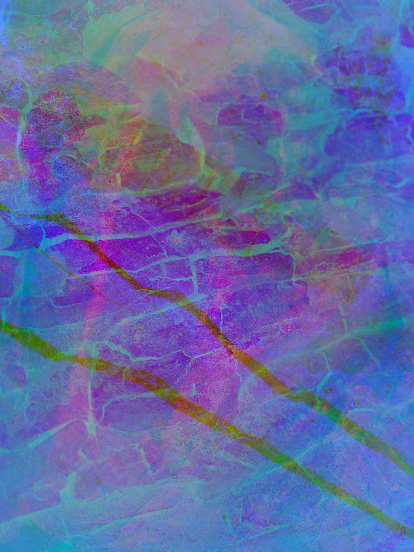 A digital collage consisting of multiple layers of photographs in an array of hyper-realistic colours. The inverted image of a cracked, rocky surface can be seen, with two lines from the surface of another rock piercing through the image. 