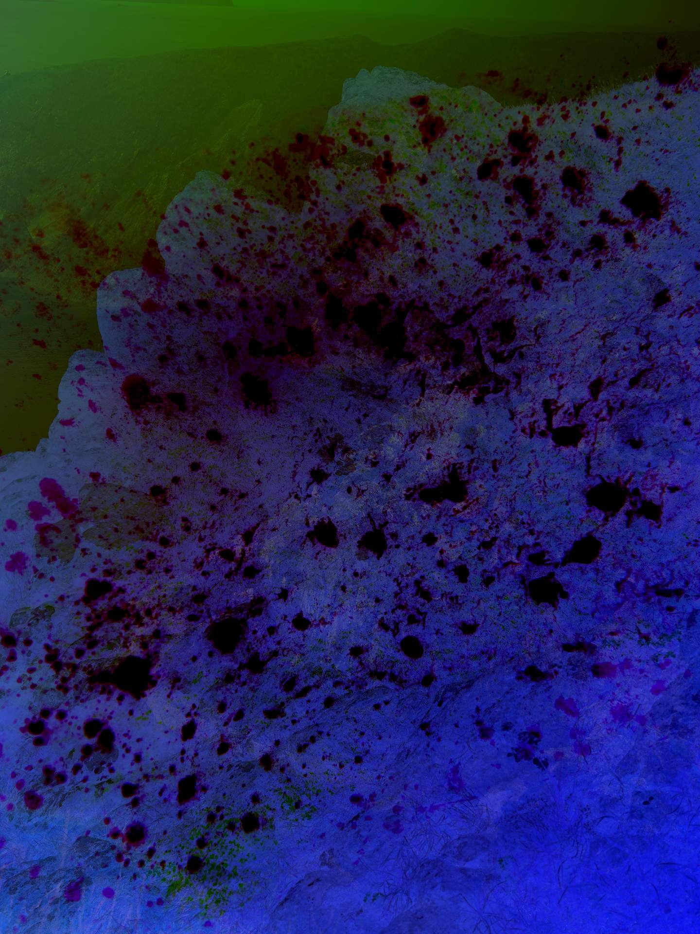 A digital collage consisting of multiple layers of photographs in an array of hyper-realistic colours. The inverted image of dust can be seen on top of another inverted image of a rocky landscape.