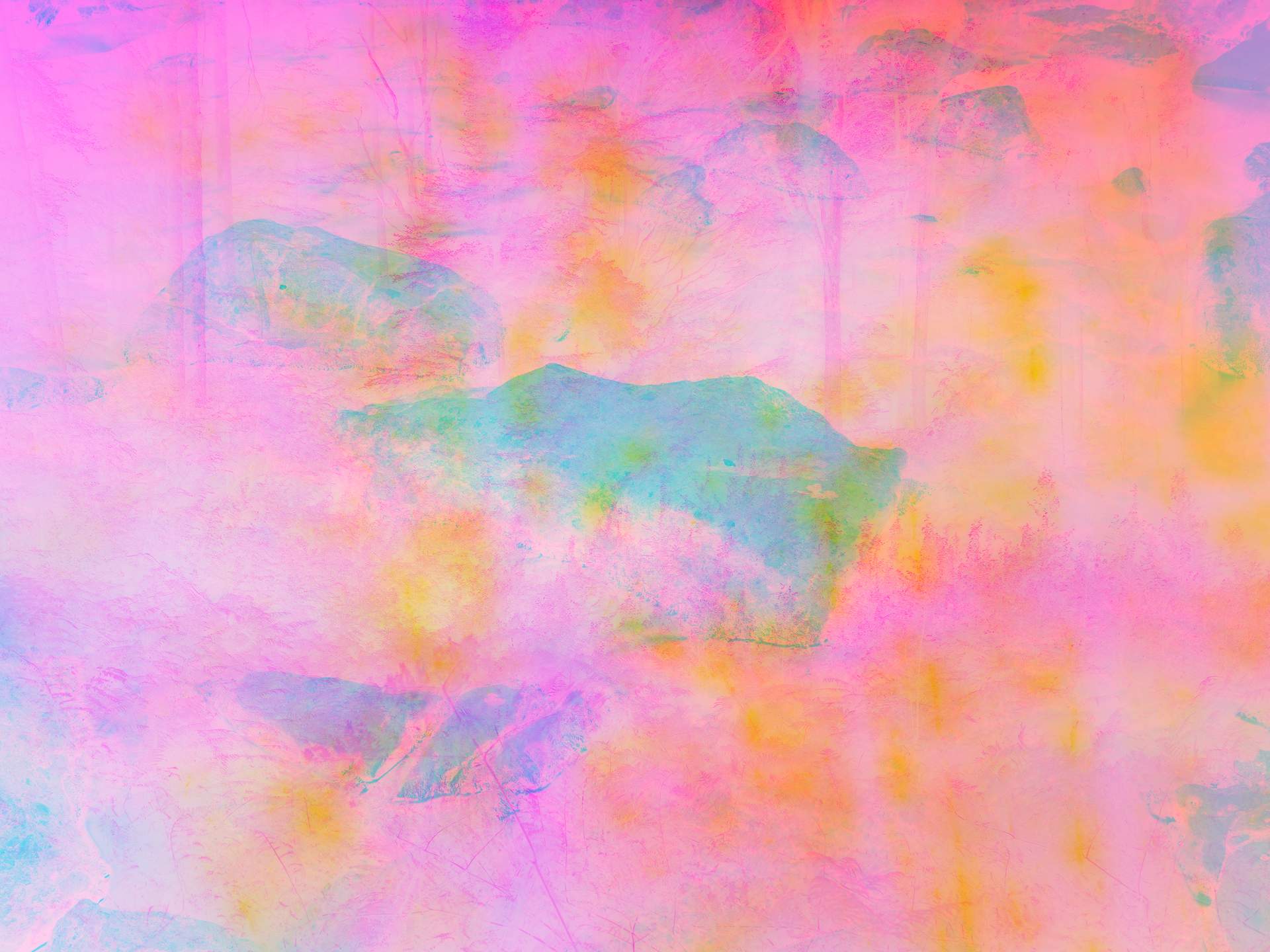 A digital collage, consisting of layers of photographic images in an array of hyper-realistic colours. Rocks in a flowing stream can be seen against an inverted backdrop of a densely-populated forest.
