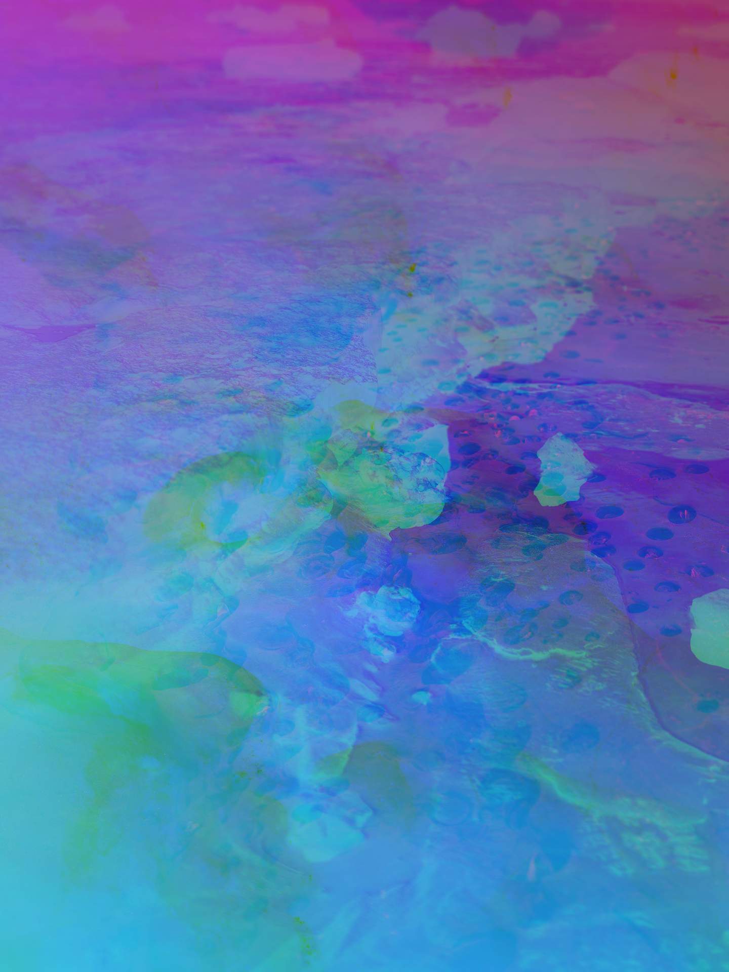 A digital collage consisting of multiple layers of photographs in an array of hyper-realistic colours. A flat, rocky outpost, rising from the surface of sand by the sea, can be seen in the foreground. Below this is an image of a different natural landscape, shrouded in thick mist.