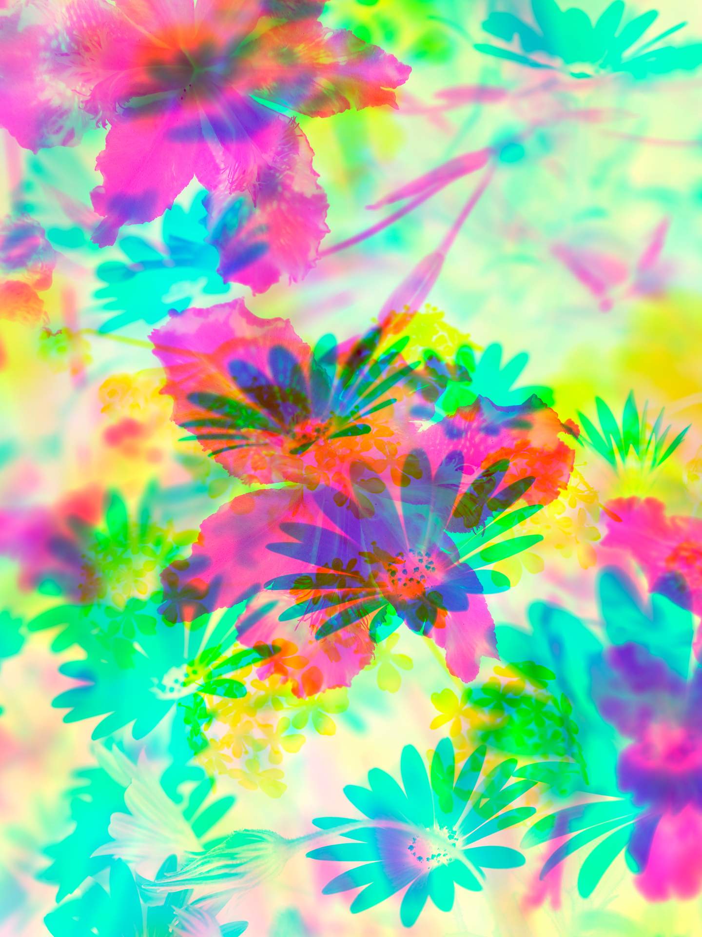A digital collage, consisting of layers of photographic images of flowers and plants in an array of hyper-realistic colours. The scene is dominated by pink, blue and yellow colours.