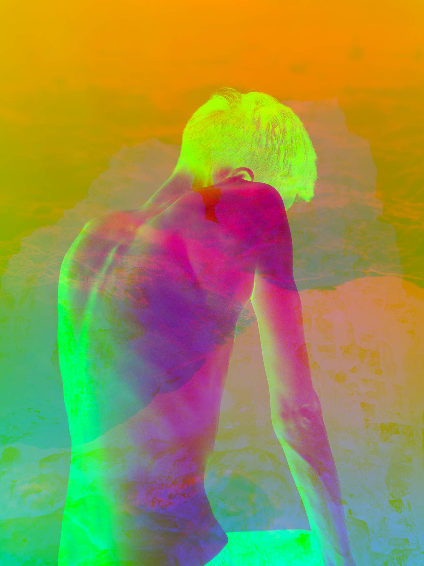 A digital collage, consisting of layers of photographic images in an array of hyper-realistic colours. The side of a bare-chested man can be seen in the centre, with his shoulders arched upwards, covering his face. On top of him is the foggy image of a pool of water on a beach.