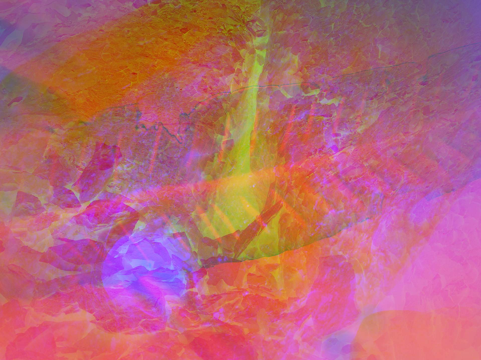 A digital collage, consisting of layers of photographic images in an array of hyper-realistic colours. The image of a rocky cliff face, with fallen rocks at its base, can be seen against the faint image of a large leaf. 