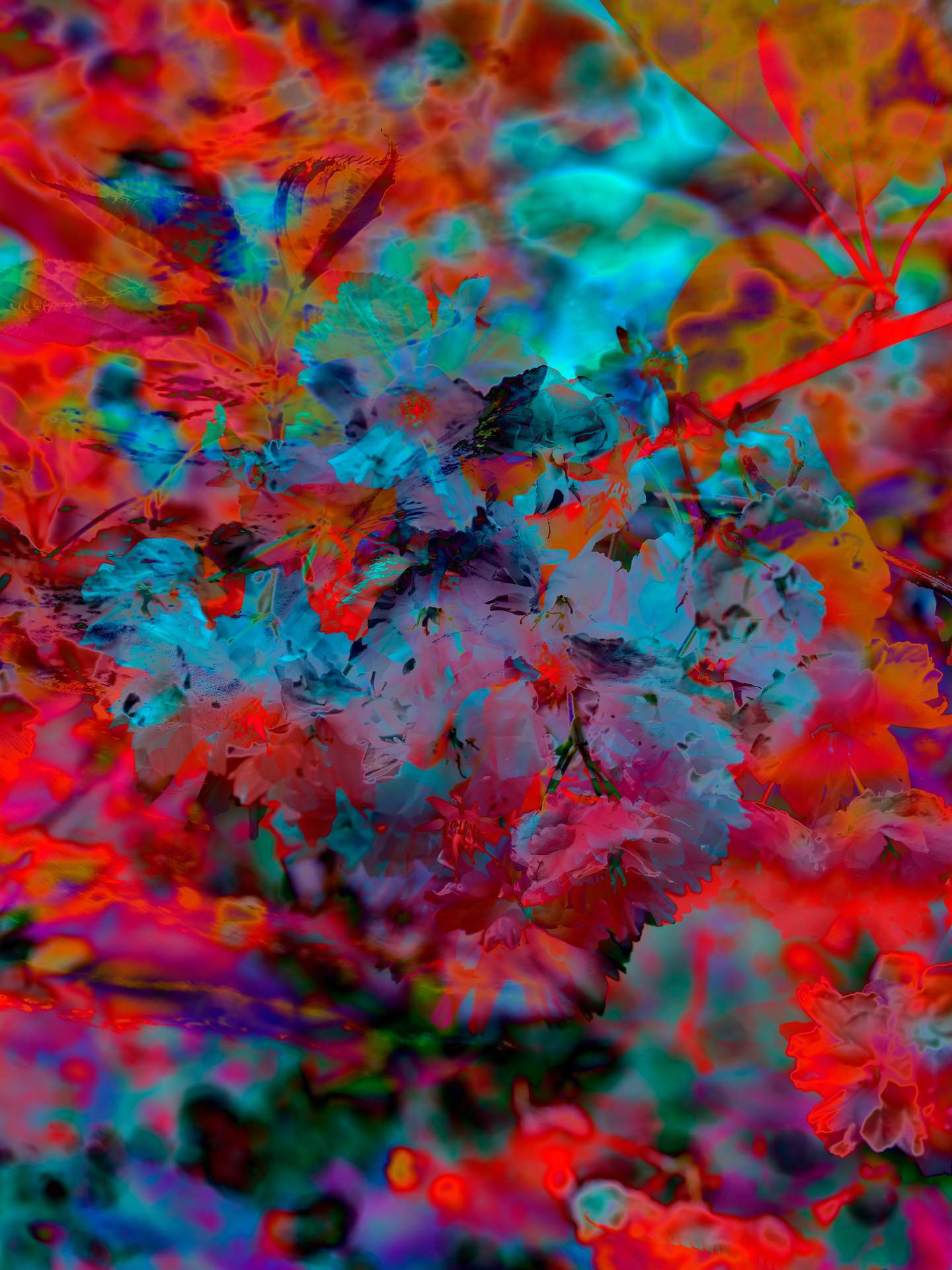 A digital collage, consisting of layers of photographic images in an array of hyper-realistic colours. The inverted image of a cherry blossom can be seen against a blurry, abstracted image of a landscape.