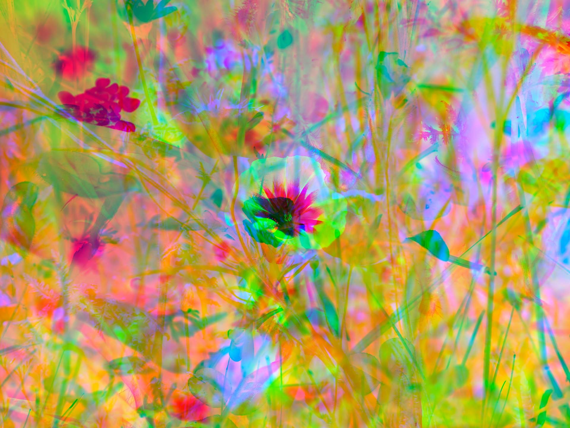 A digital collage, consisting of layers of photographic images of wild flowers and plants in an array of hyper-realistic colours. The scene is dominated by yellow, red and green colours.