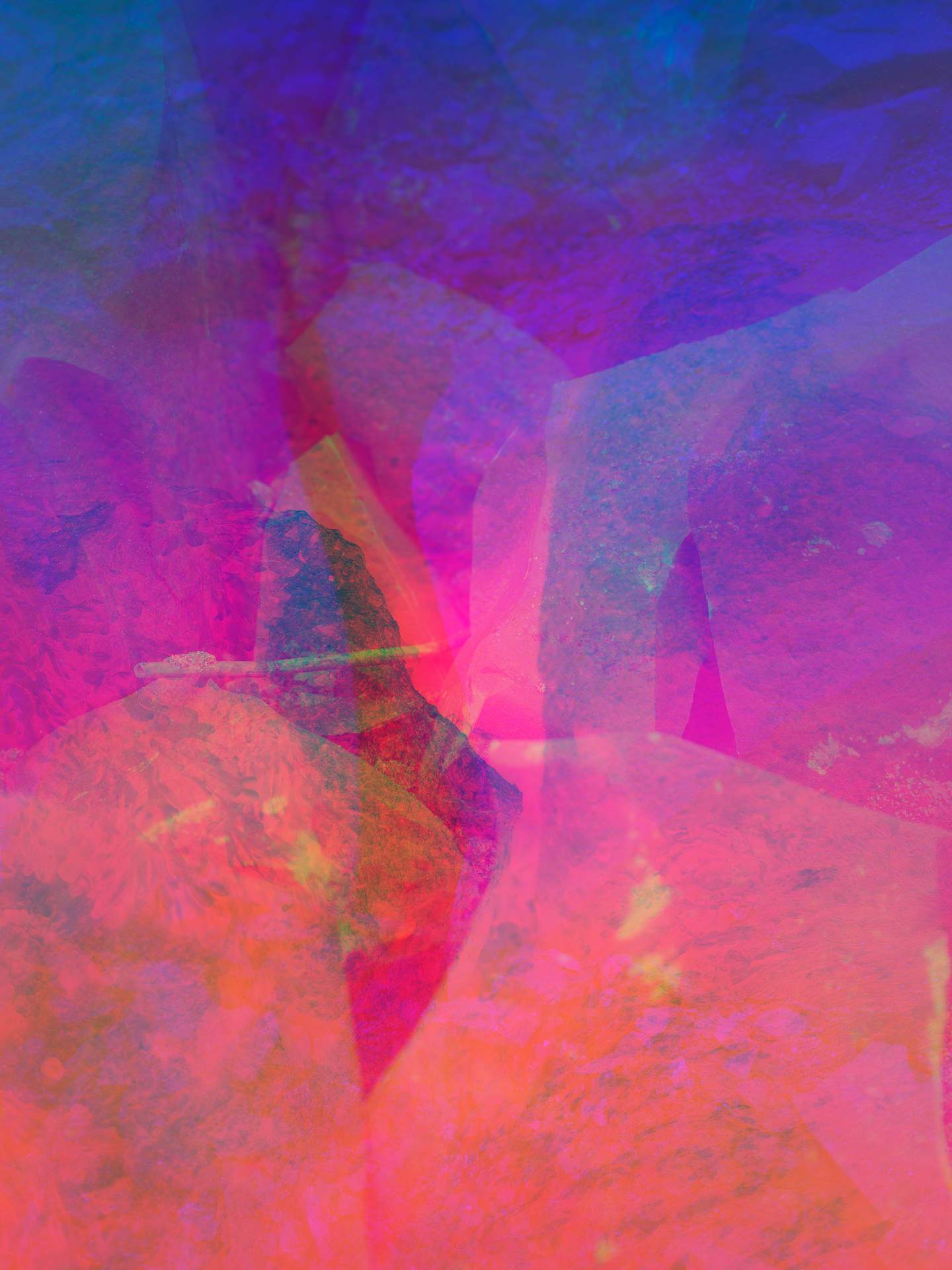 A collage of photographs in an array of hyper-realistic colours. Rocks can be seen in the foreground, in a mixture of purple and red colours.