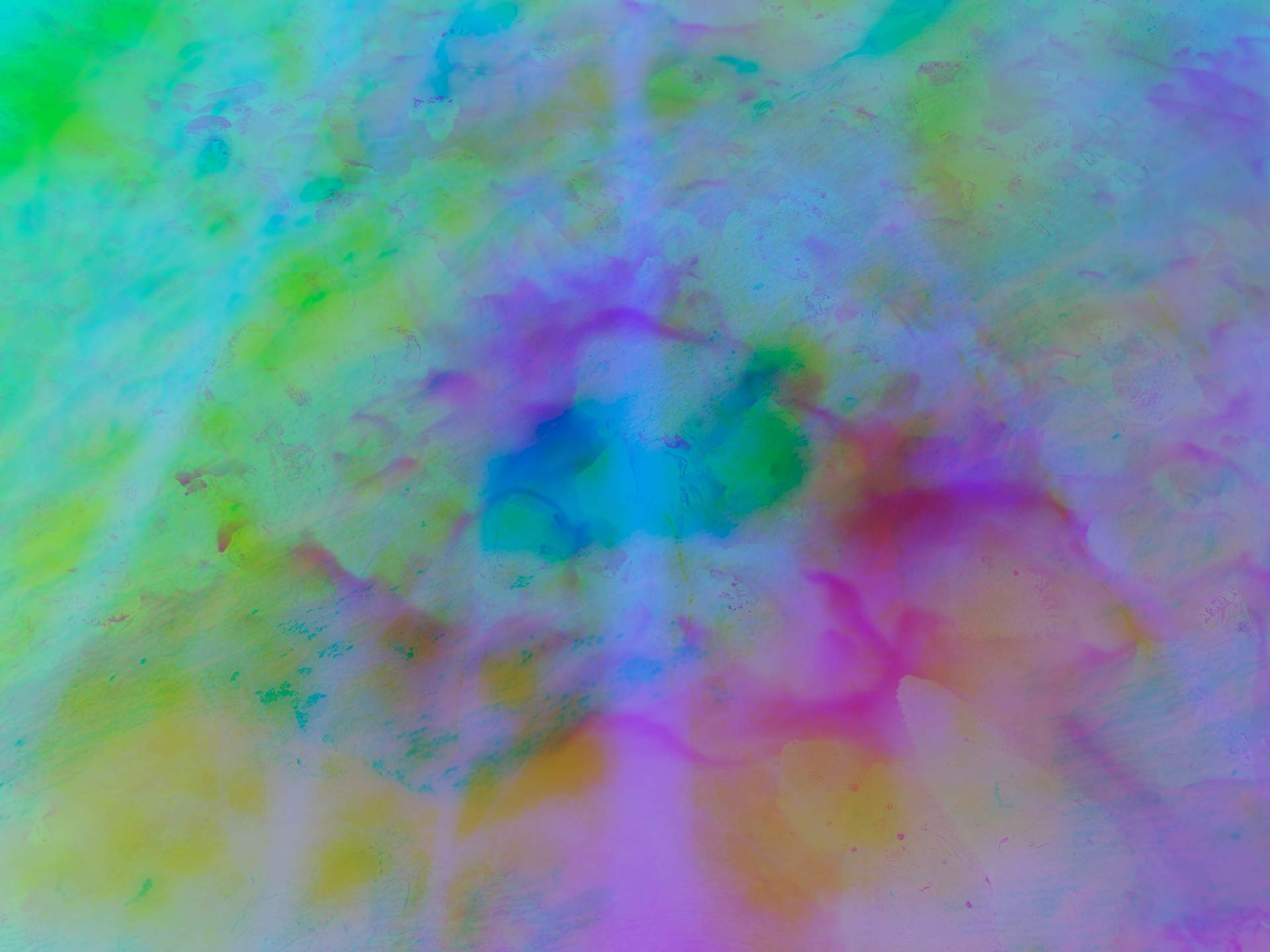 A digital collage, consisting of layers of photographic images in an array of hyper-realistic colours. The inverted image of rocks in a stream can be seen on top of the inverted image of trees in a forest.