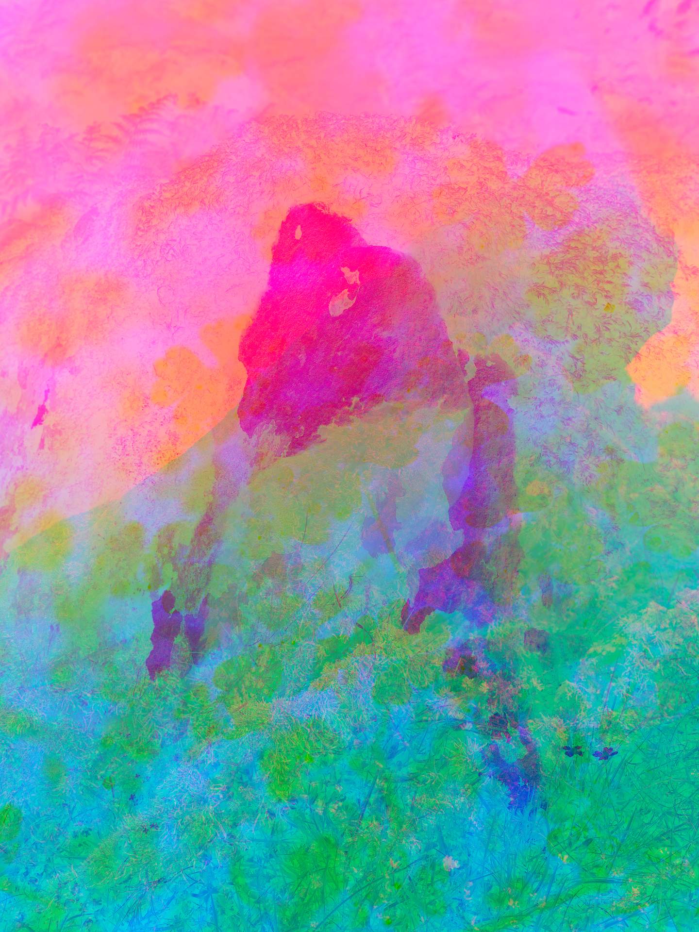 A digital collage, consisting of layers of photographic images in an array of hyper-realistic colours. The image of a large standing stone, surrounded by a grassy landscape, can be seen on top of the faint image of another standing stone.