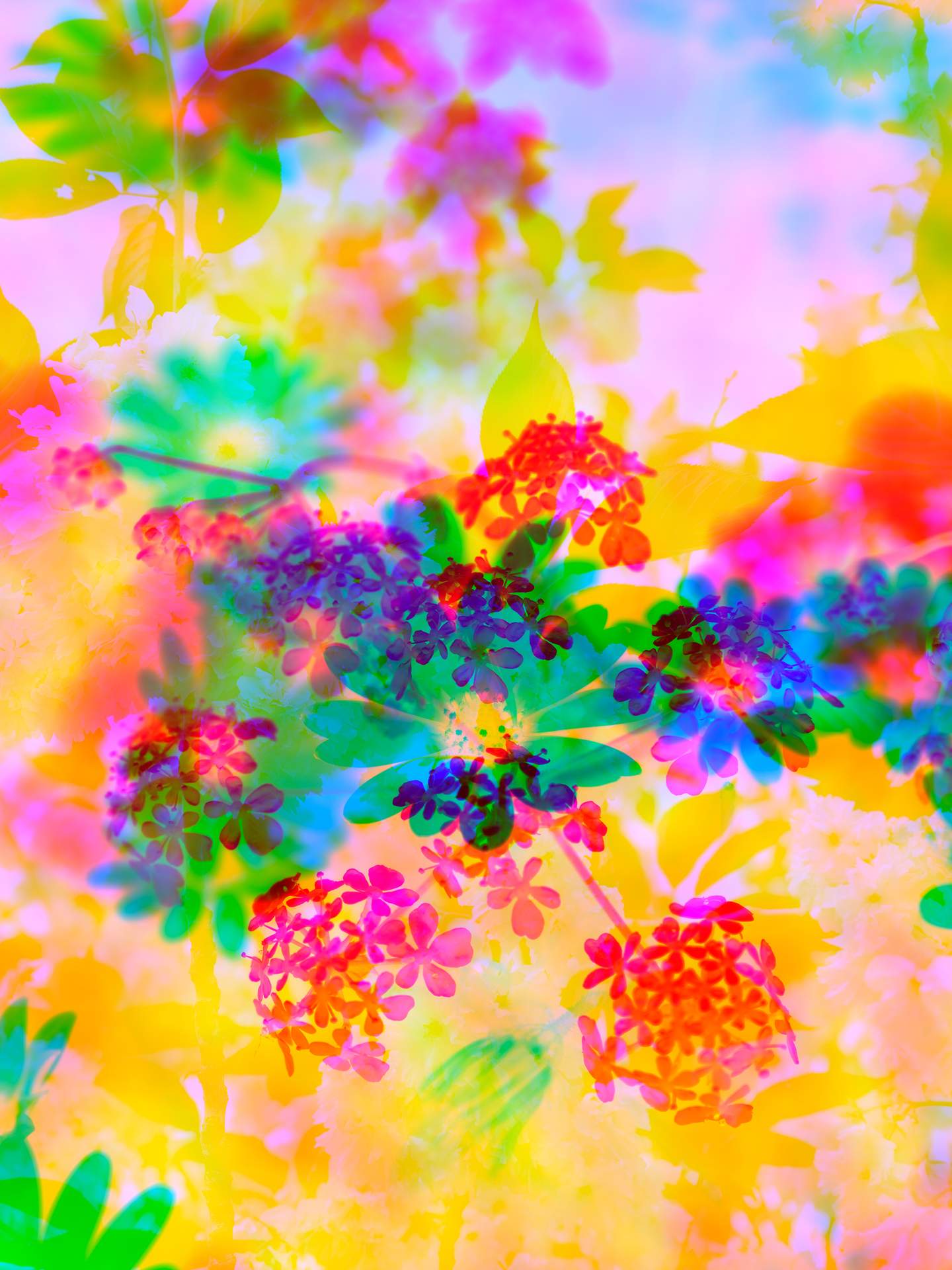 A digital collage, consisting of layers of photographic images of wild flowers and plants in an array of hyper-realistic colours. The dominating colours are yellow, green and pink.