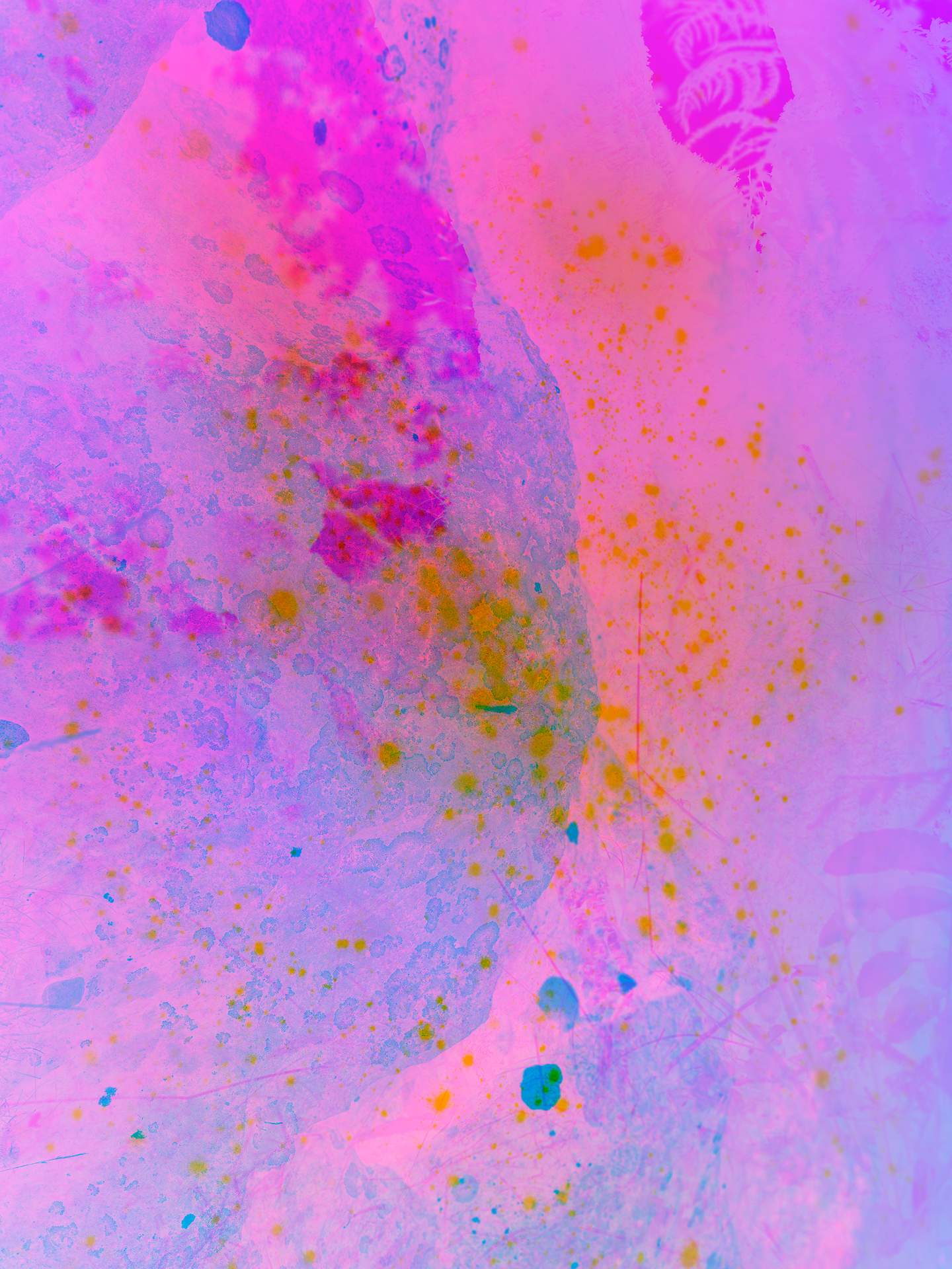 A digital collage, consisting of layers of photographic images in an array of hyper-realistic colours. The inverted image of rock face can be seen on top of an image of yellow soil or dust particles, which appear like a constellation of stars. 