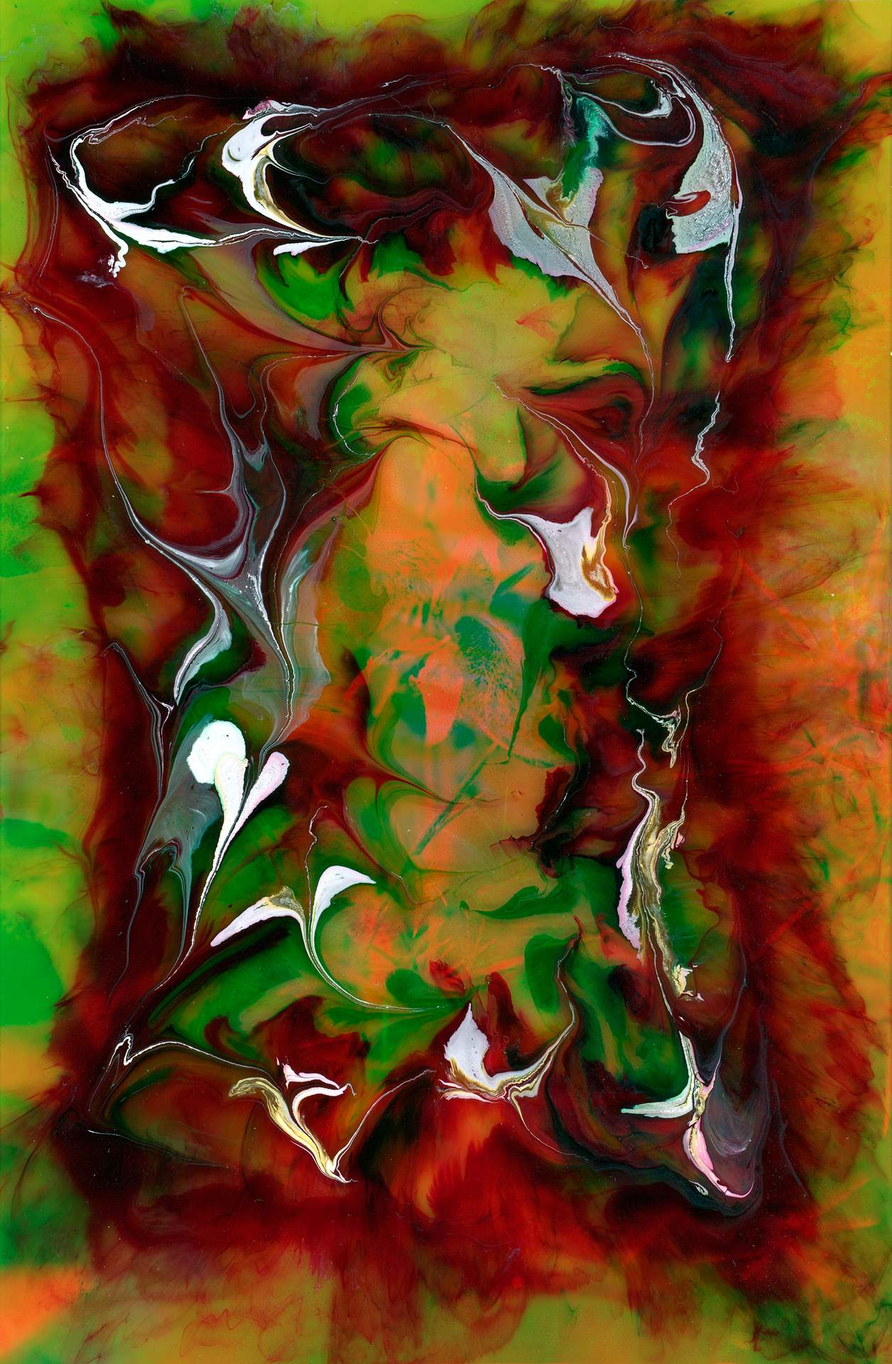 A swirl of white, red and green ink on top of a digital photographic collage. The collage is made up of a photograph of a flower and a grassy natural landscape. 