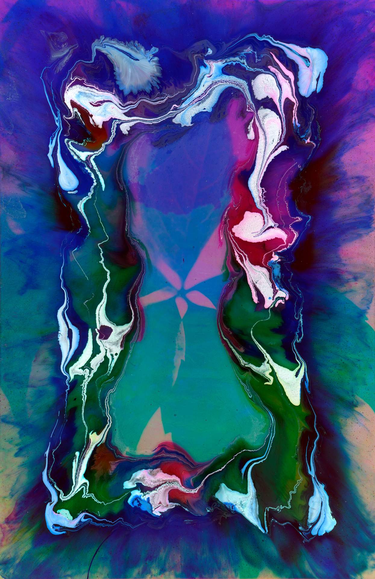 A swirl of white, blue and green ink on top of a digital photographic collage. The collage is made up of a photograph of a leaf and an inverted natural landscape. 