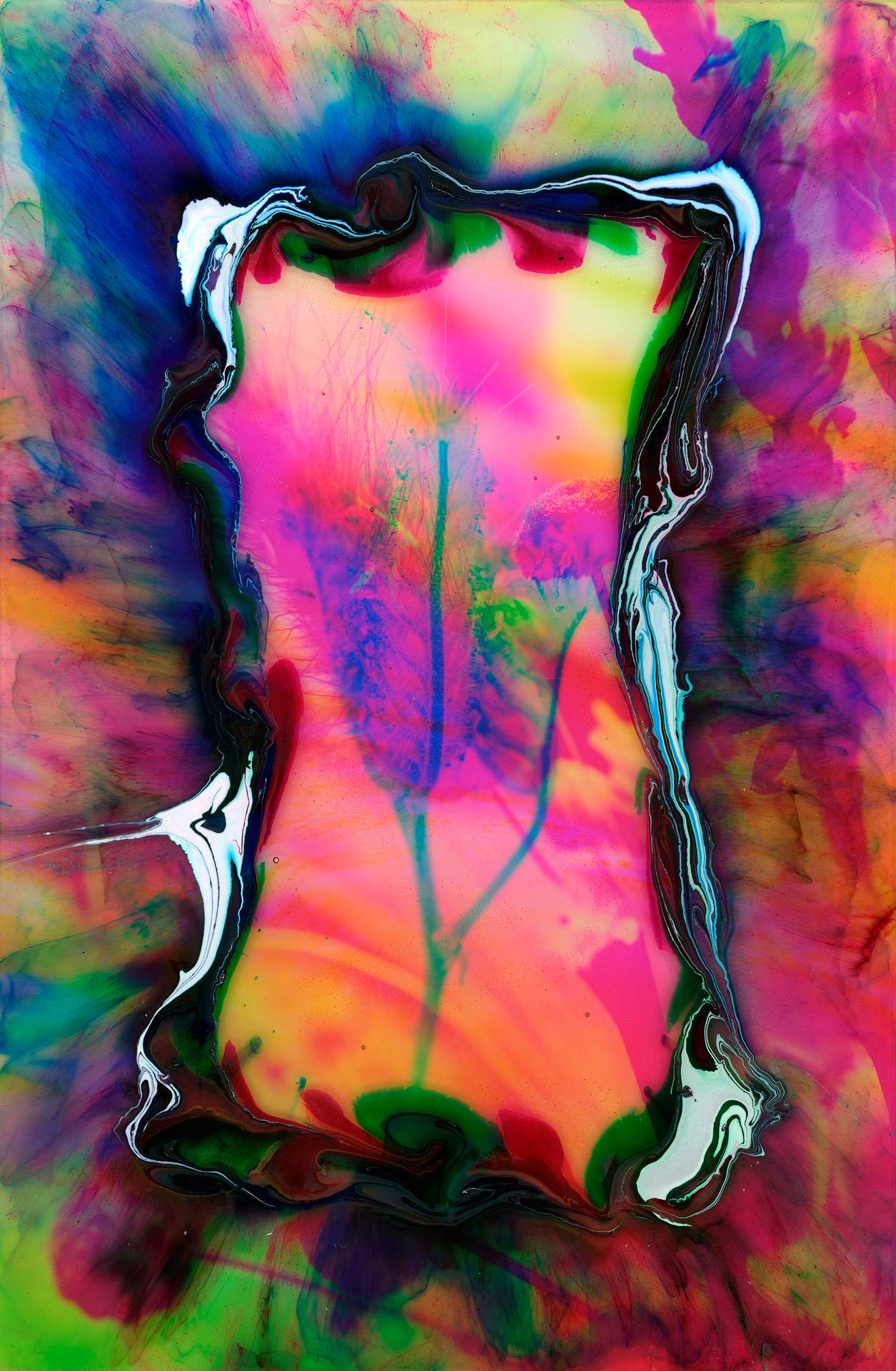 A swirl of white, blue, green and pink ink on top of a digital photographic collage. The collage is made up of a photograph of a flower and an abstracted natural landscape in the background.