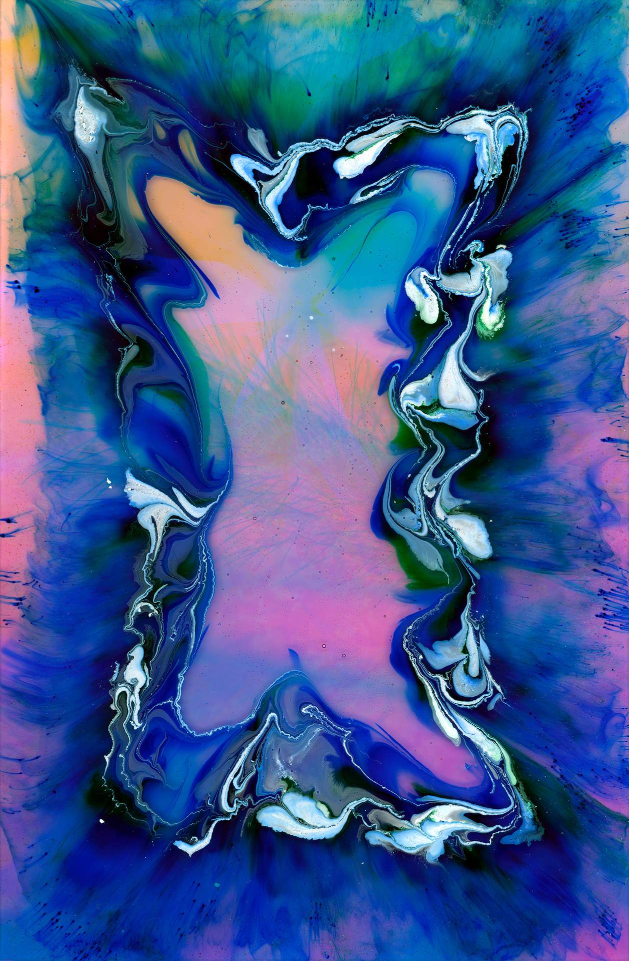 A swirl of blue and white ink on top of a digital photographic collage. Within the collage, a single flower can be seen in the centre, resting on a reflective surface. Behind this is an obscured image of a coastal landscape. The image appears dreamy and ethereal.