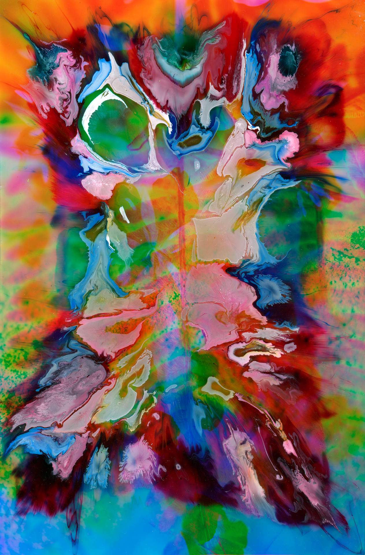 A swirl of red, white and blue ink on top of a digital photographic collage. The collage depicts a close-up image of a fern on top of an inverted image of sand.