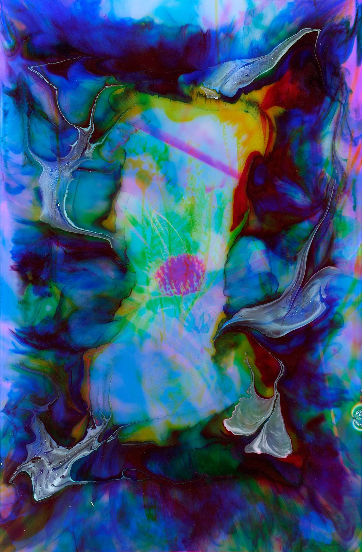 A swirl of blue and white ink on top of a digital photographic collage. The collage depicts layers of images of wildflowers and plants in an array of hyper-realistic colours.