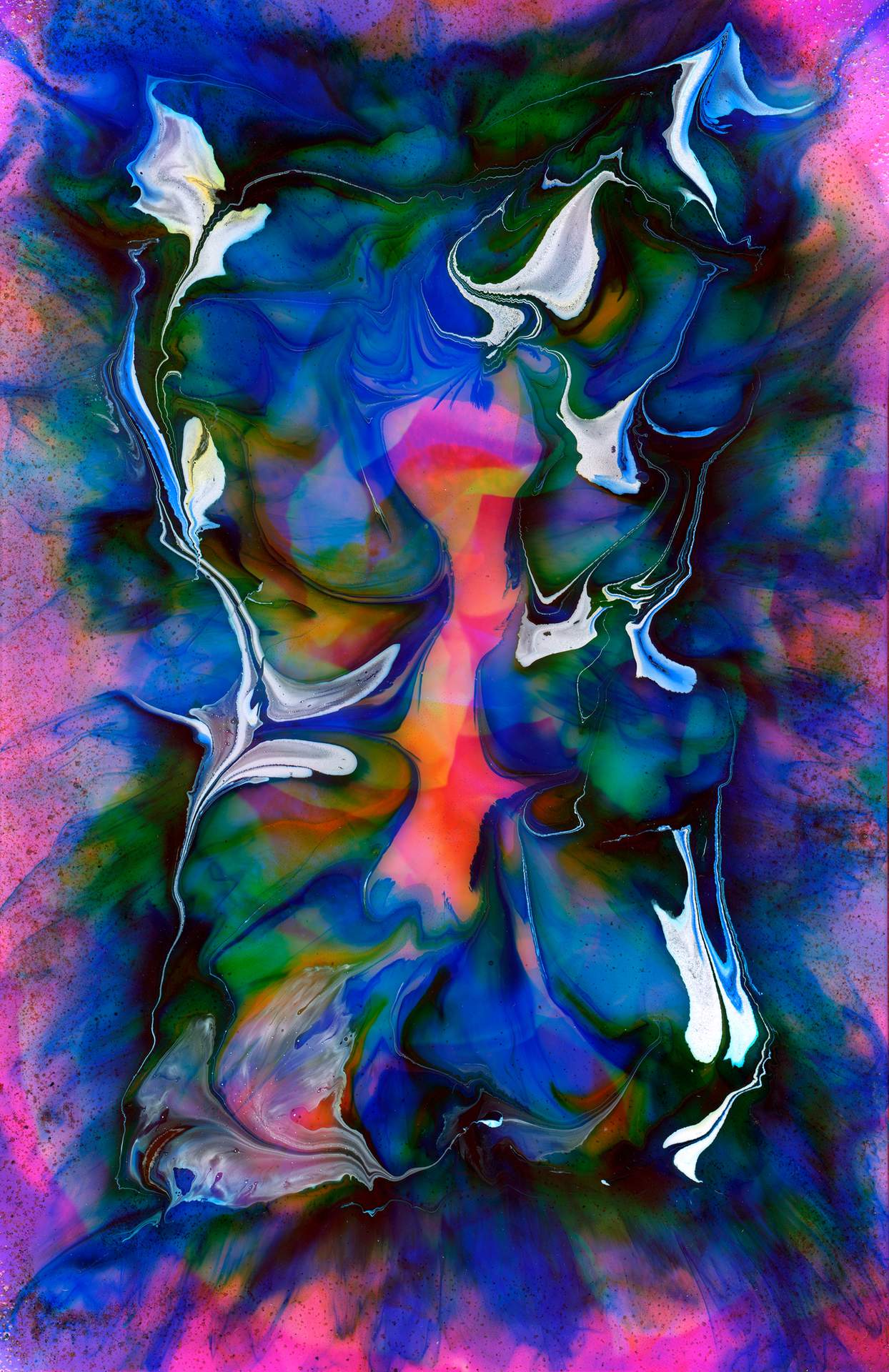 A swirl of blue and white ink on top of a digital photographic collage. The collage consists of multiple close-up images of pink roses layered on top of each other.
