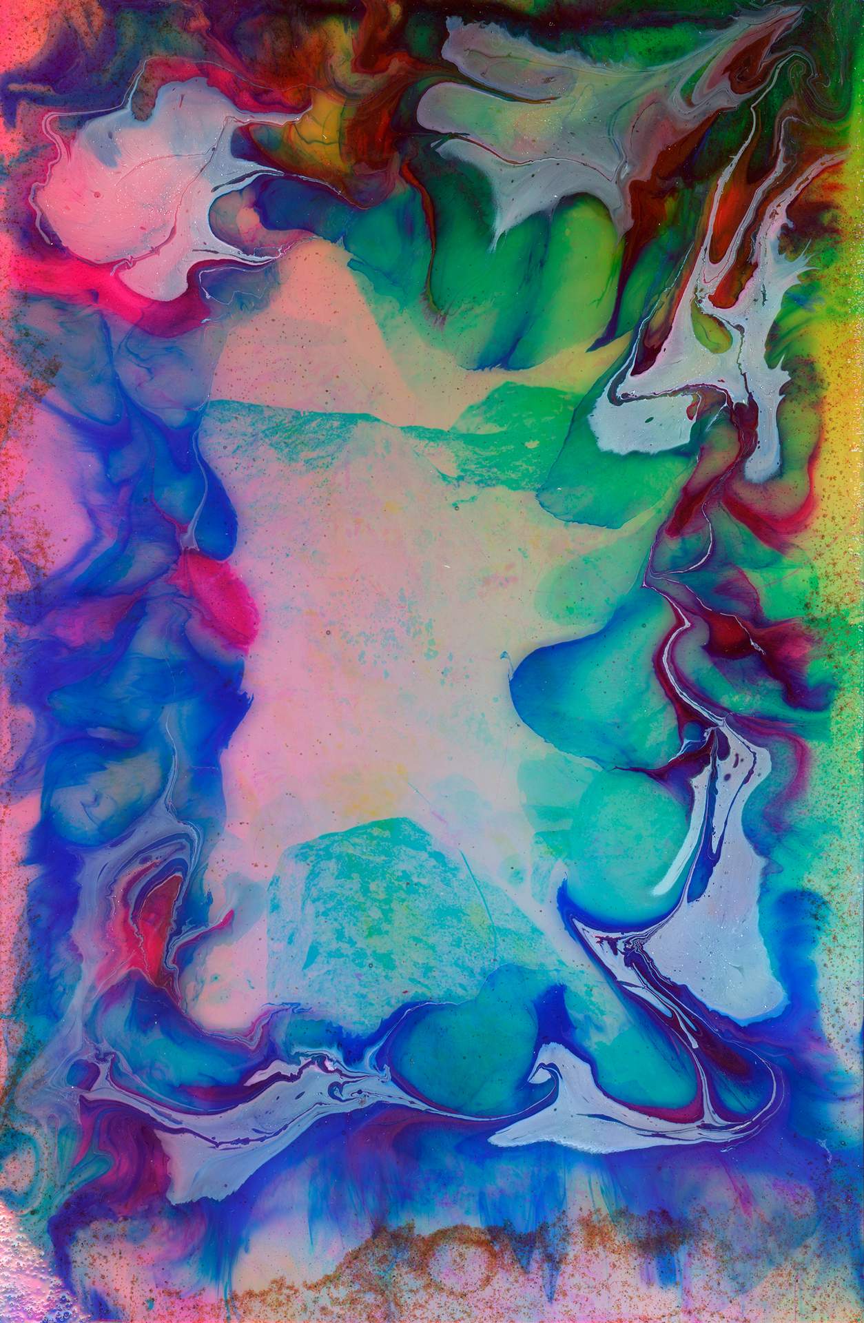 A swirl of blue, pink and white ink on top of a digital photographic collage. The collage is made up of an inverted image of large rocks near the banks of a stream, and behind this is an image of plants in a woodland.