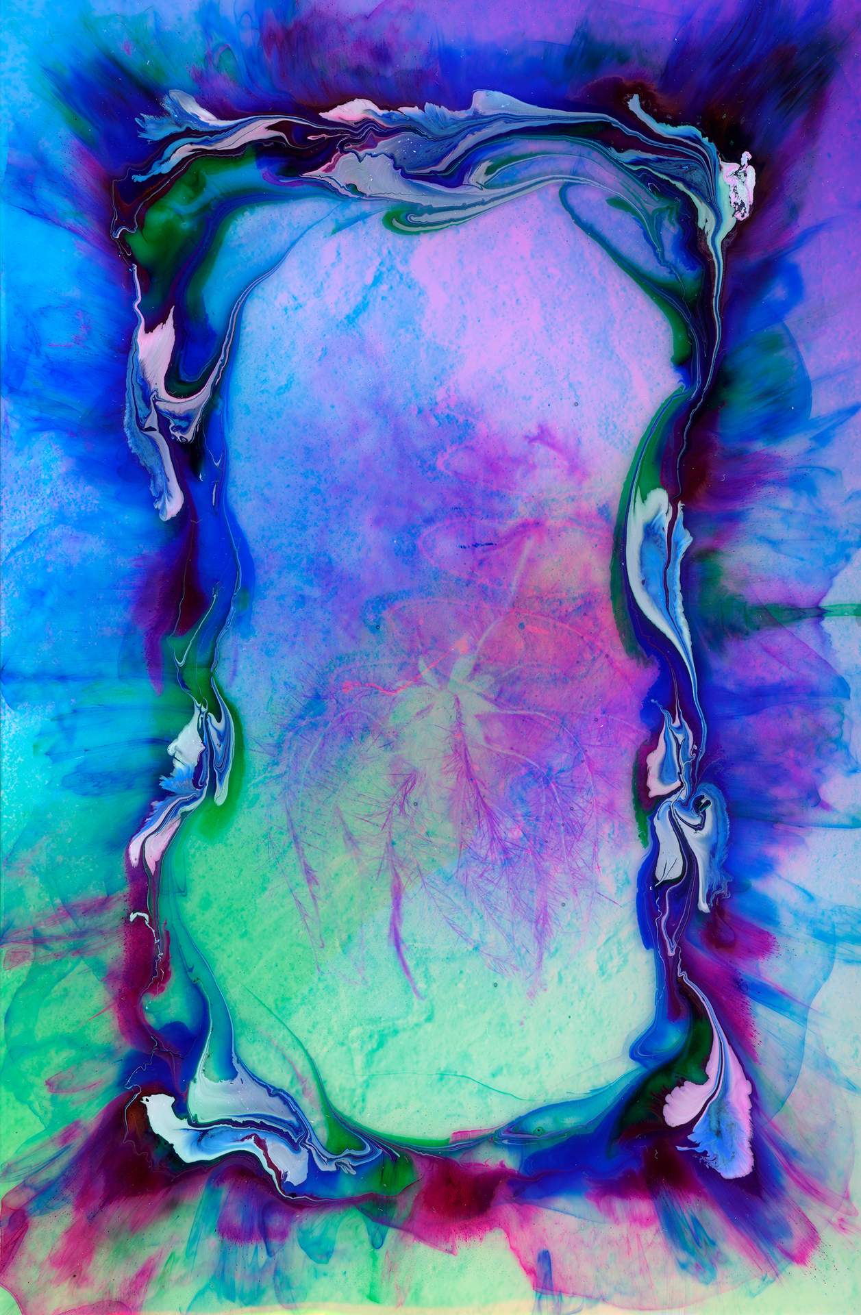 A swirl of blue, white and pink ink on top of a digital photographic collage. Within the collage, an inverted image of a flower can be seen, and below this is the faint image of a fossil.