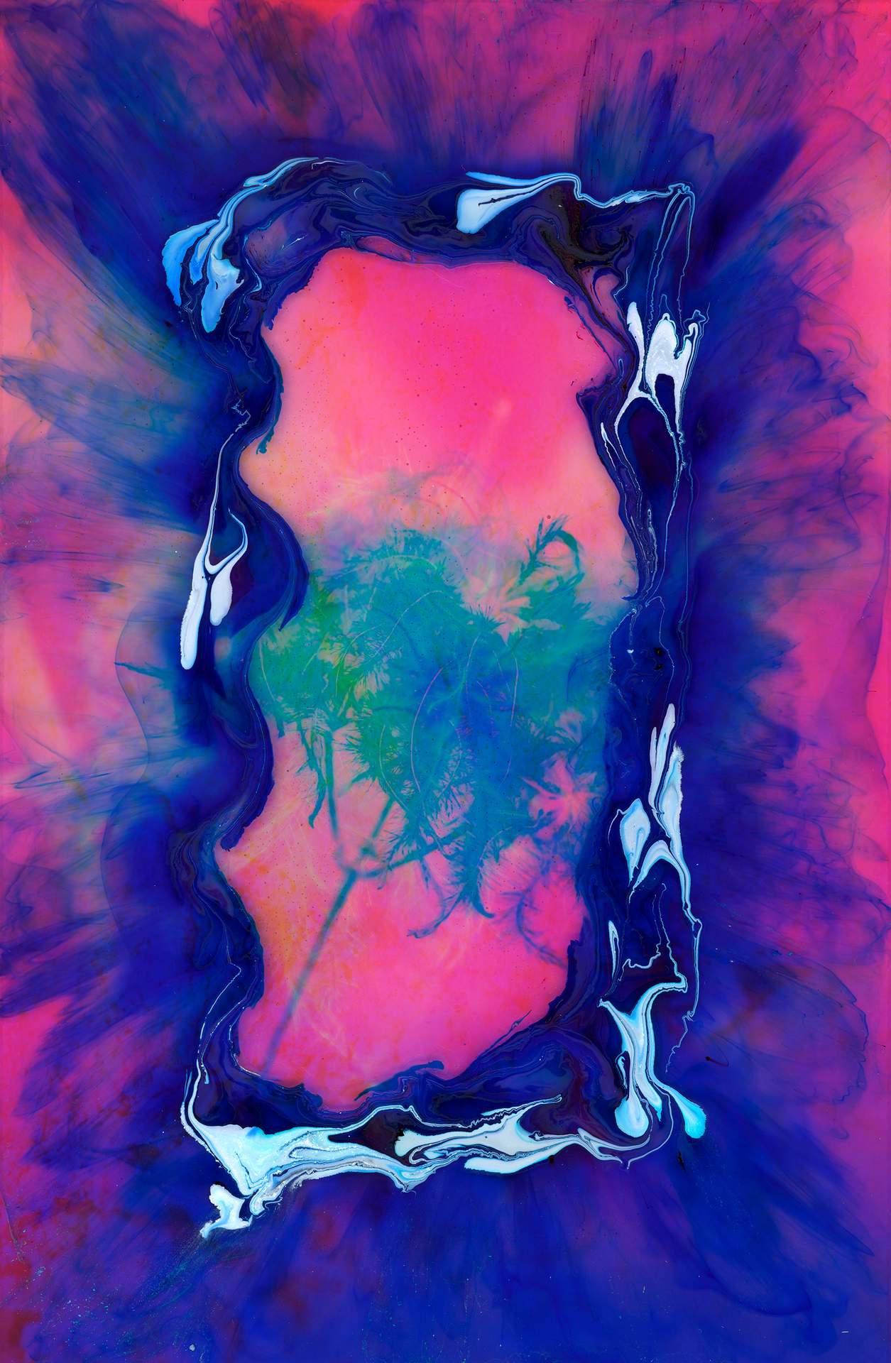 A swirl of white and blue ink on top of a digital photographic collage. Within the collage, an inverted image of a flower can be seen, and below this is the faint image of a natural landscape, covered in a thick colourful mist.