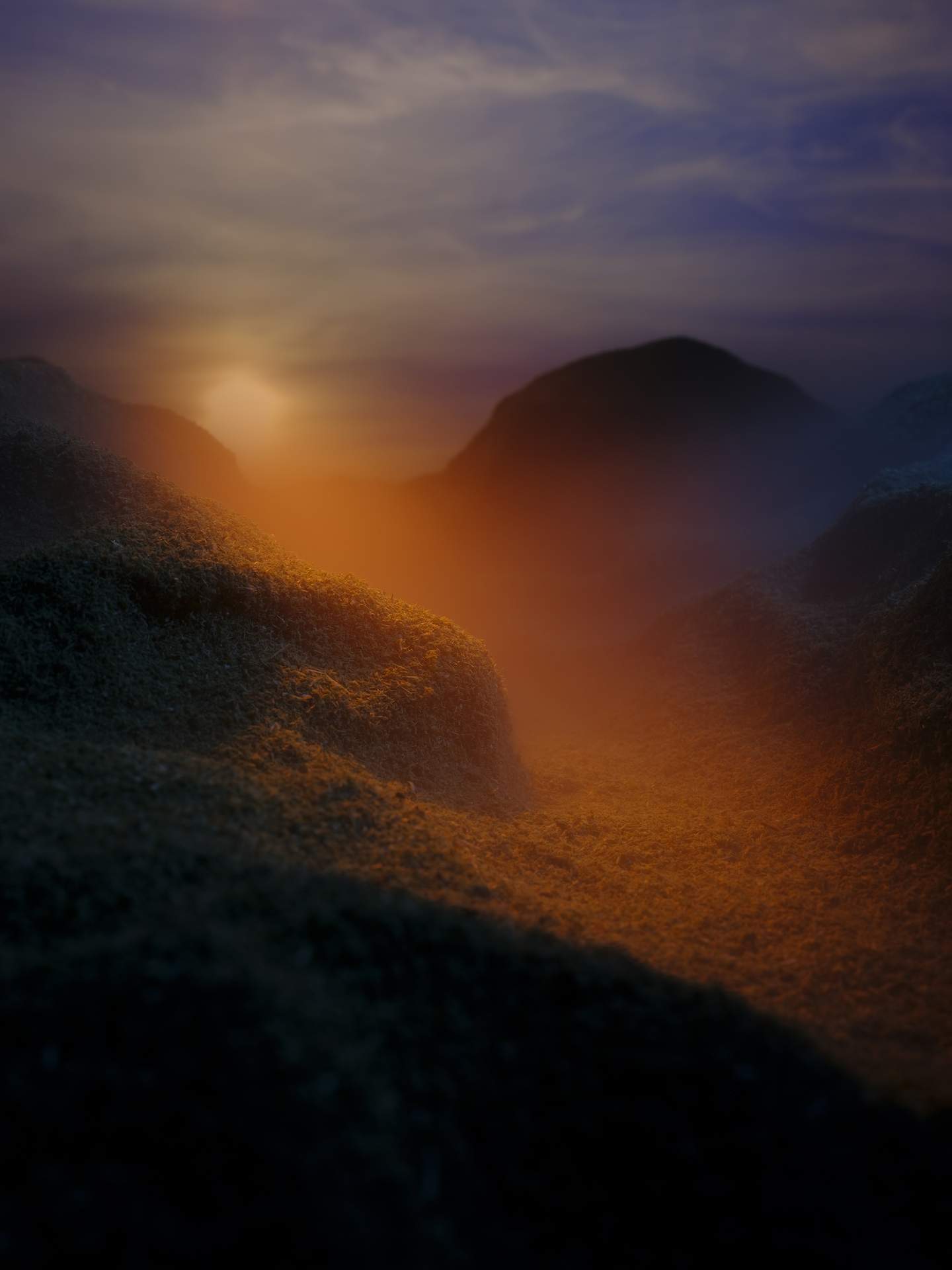 An image looking into a valley from slightly above. The setting sun can be seen in the distance, shining yellow and orange light through thick mist to the foreground. 