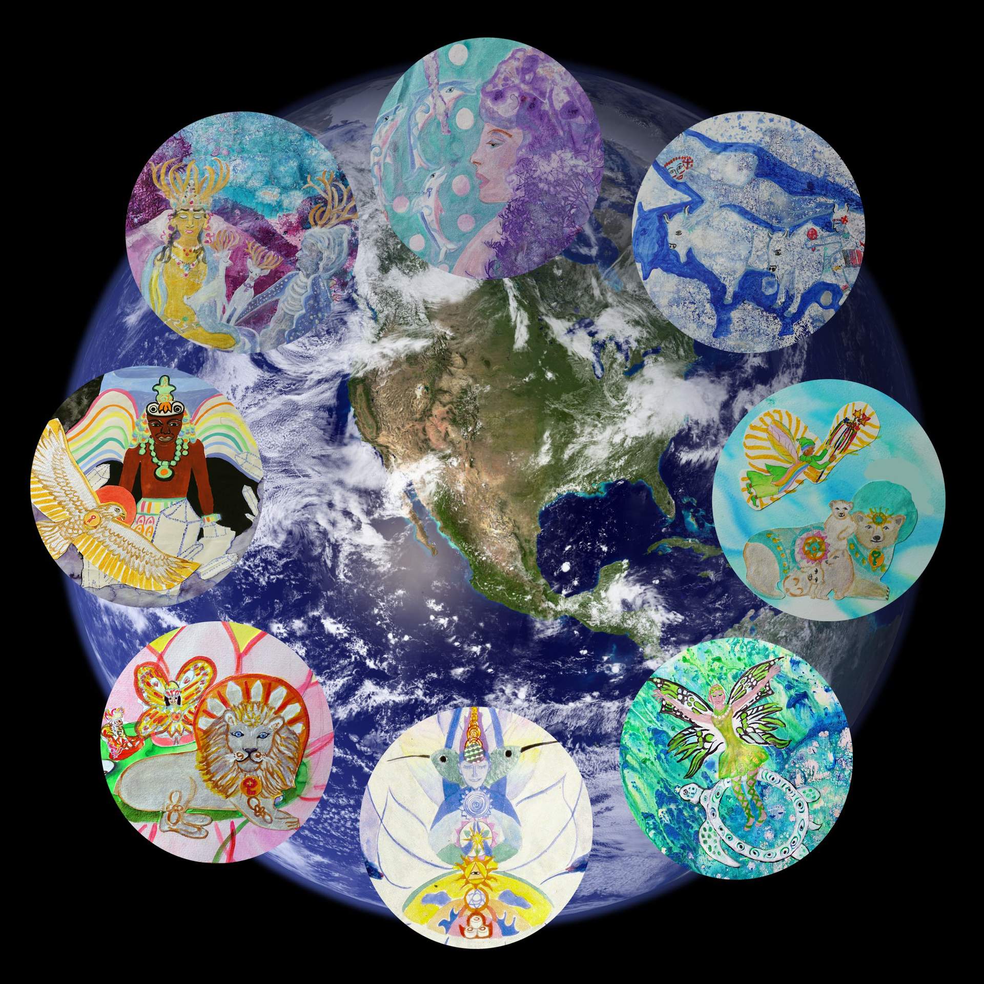 This story and painting started with my mother who wrote of the place were dreams were taken away. I worked on various aspects of it and came to the understanding when working with the Dream Shaman Robert Moss and having dreams of 8 Sacred White animals  and was told in dreams that we must remember our connection to the elements and that we are all part of it together.. all living things. To respect all of life. 