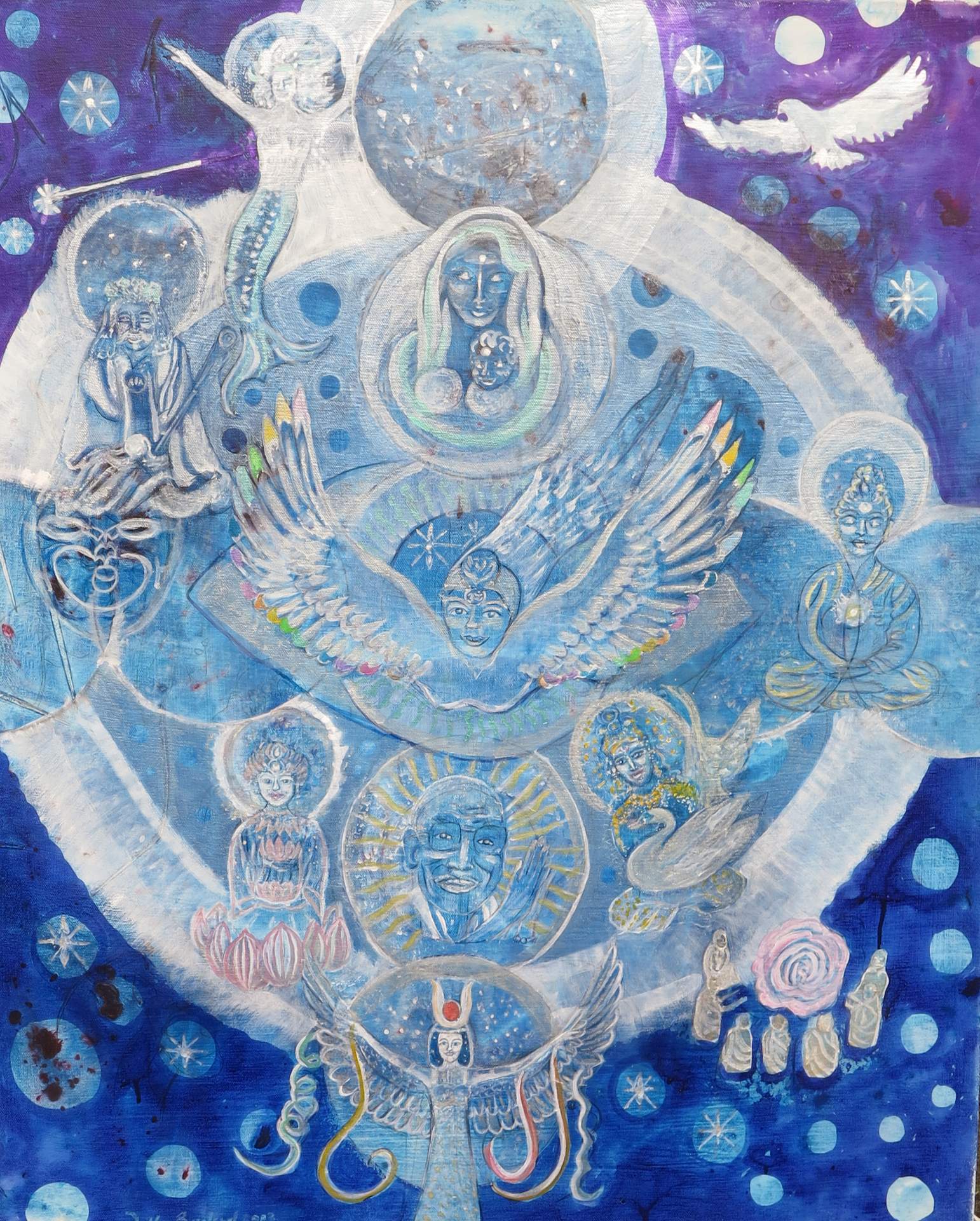 On the August Full Moon in 2001 I had a experience of seeing vision after vision of Spiritual leaders in my Third Eye area. I was being led to a deeper path in life. Interestingly and with synchronicity I just after this was asked to paint Spirit Storybooks which I was able to include some of the visions. The audio book has now been shared with 30, 000 children.  Also some of the Spirits I met got into being Star Galaxy for the World and in the animation by Julian Ramirez. 