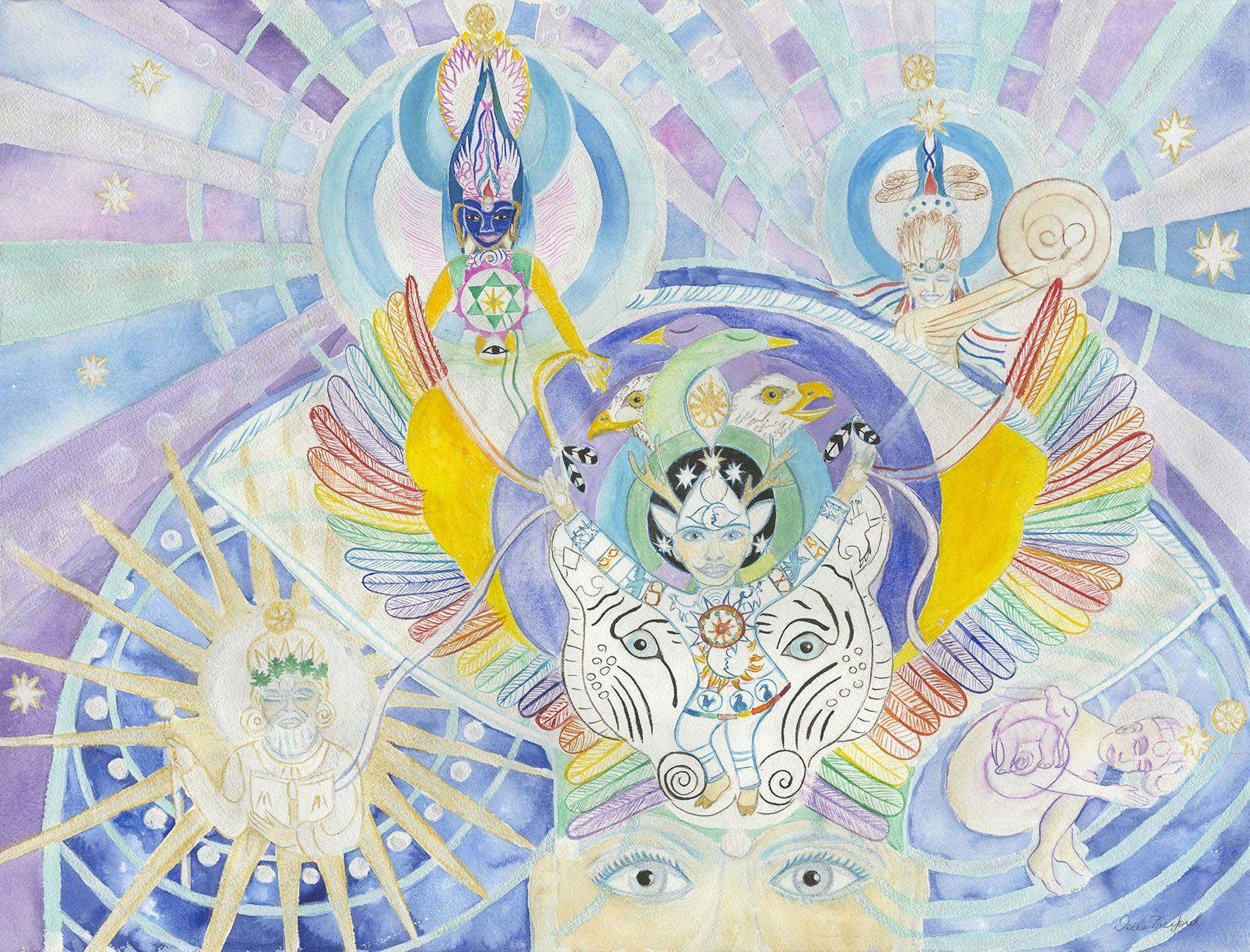 This painting was done in watercolor and in meditation. The Bird Helmet given to me in a Vision is in the center. Many teachers have given me inspiration .The Wise One we each have inside of us and is spoken to us in dreams, ancient wisdom of many cultures, the Medicine Buddha is blue I was told in a dream and also shown we can fly to the cosmos and as Buckminster Fuller so beautifully was told by Spirit "You do not belong to you. You belong to the universe. The significance of you will remain forever obscure to you, but you may assume you are fulfilling your significance if you apply yourself to converting all you experience to highest advantage to others. Make the world work, for 100% of humanity, in the shortest possible time, through spontaneous cooperation, without ecological offense or the disadvantage of anyone".