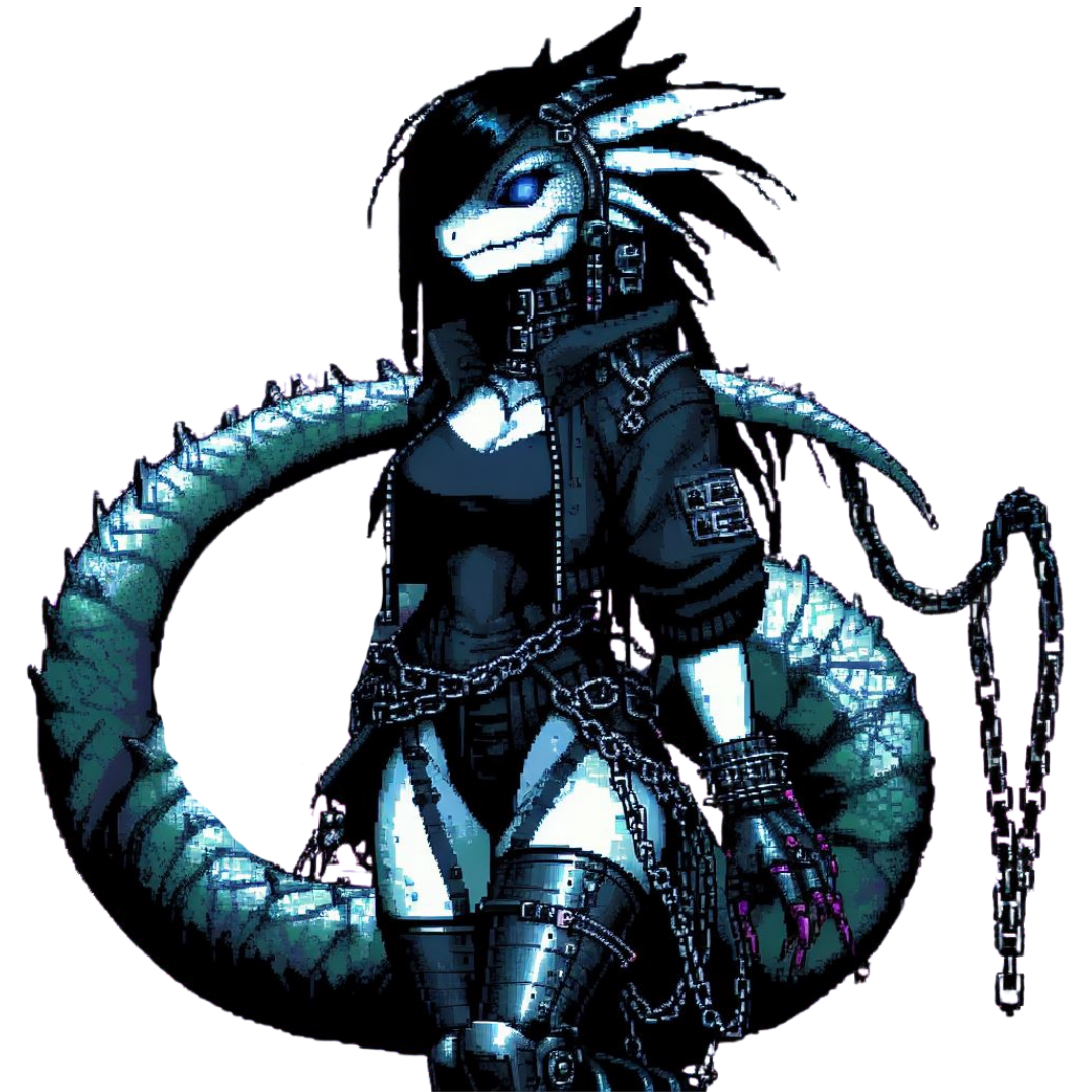 Anthropomorphic reptilian cyborg, gothic industrial outfit, black and purple. 