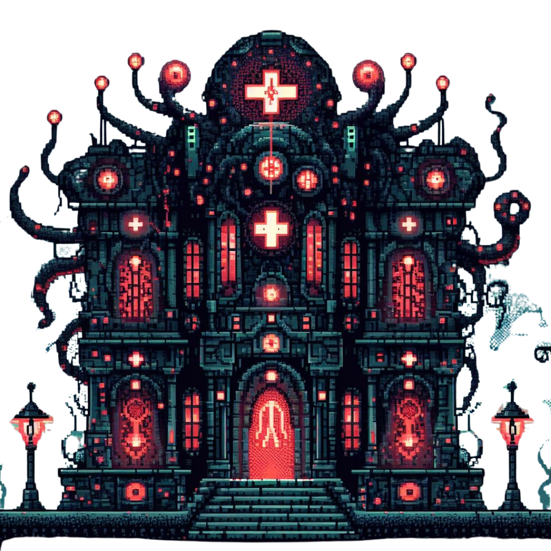A dark and gloomy black and grey towerous building. It has glowing red crosses on the front. A few eyeballs on stalks grow from the sides.
