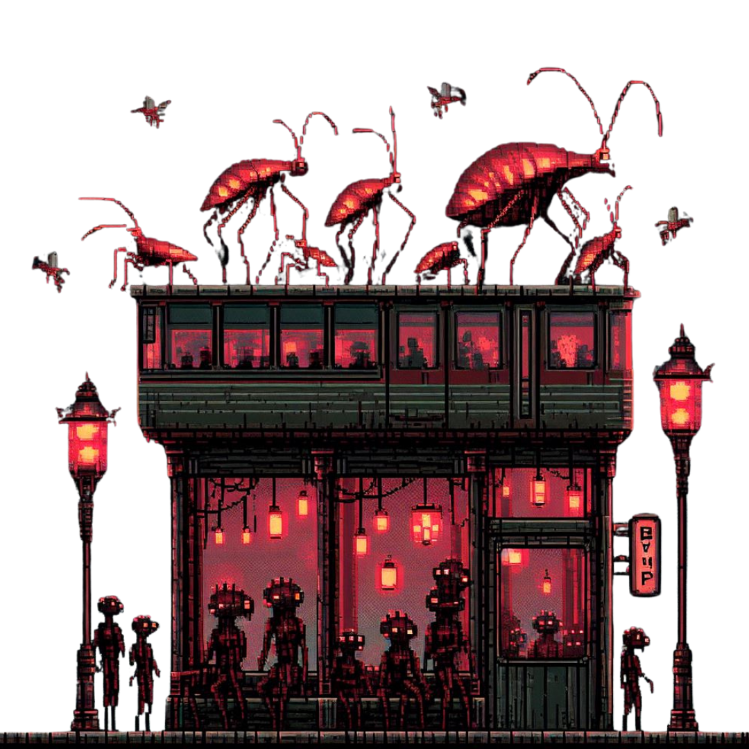 A black and red bus stop with insects on the roof.