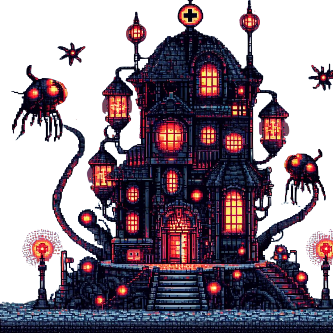 A weird gothic pixel art house with glowing red windows.