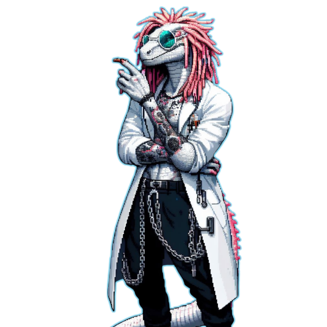 Lizard Argonian Man in a white lab coat smoking a cigarete with red dreadlocks and glases